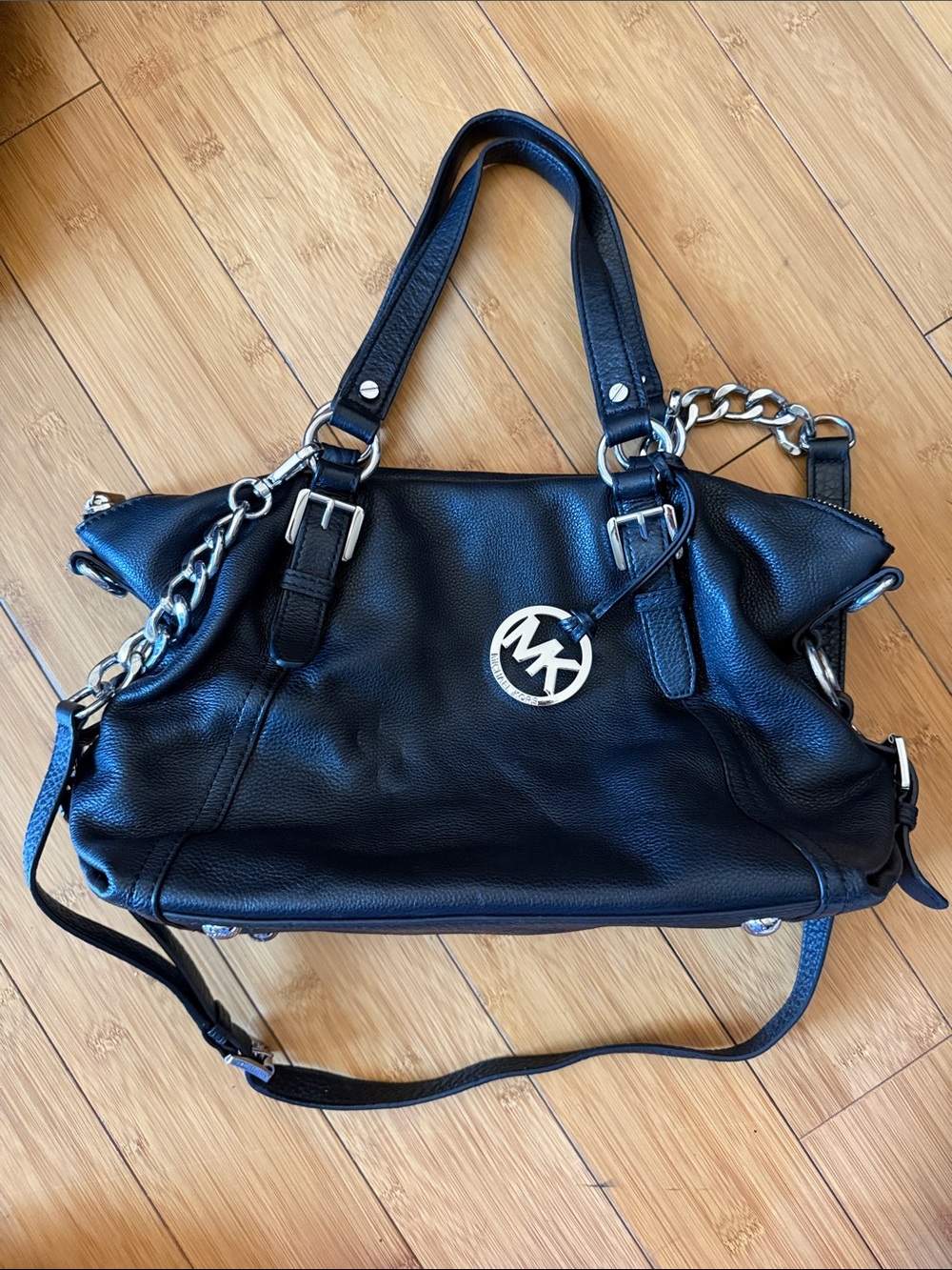 MK Black Pebbled Leather Shoulder Bag with Silver Chain